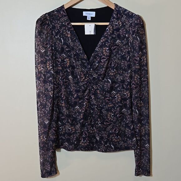 Evereve Amora Ruched Dark Floral Mesh Top Sheer Sleeve V-neck Size Medium - Picture 2 of 13